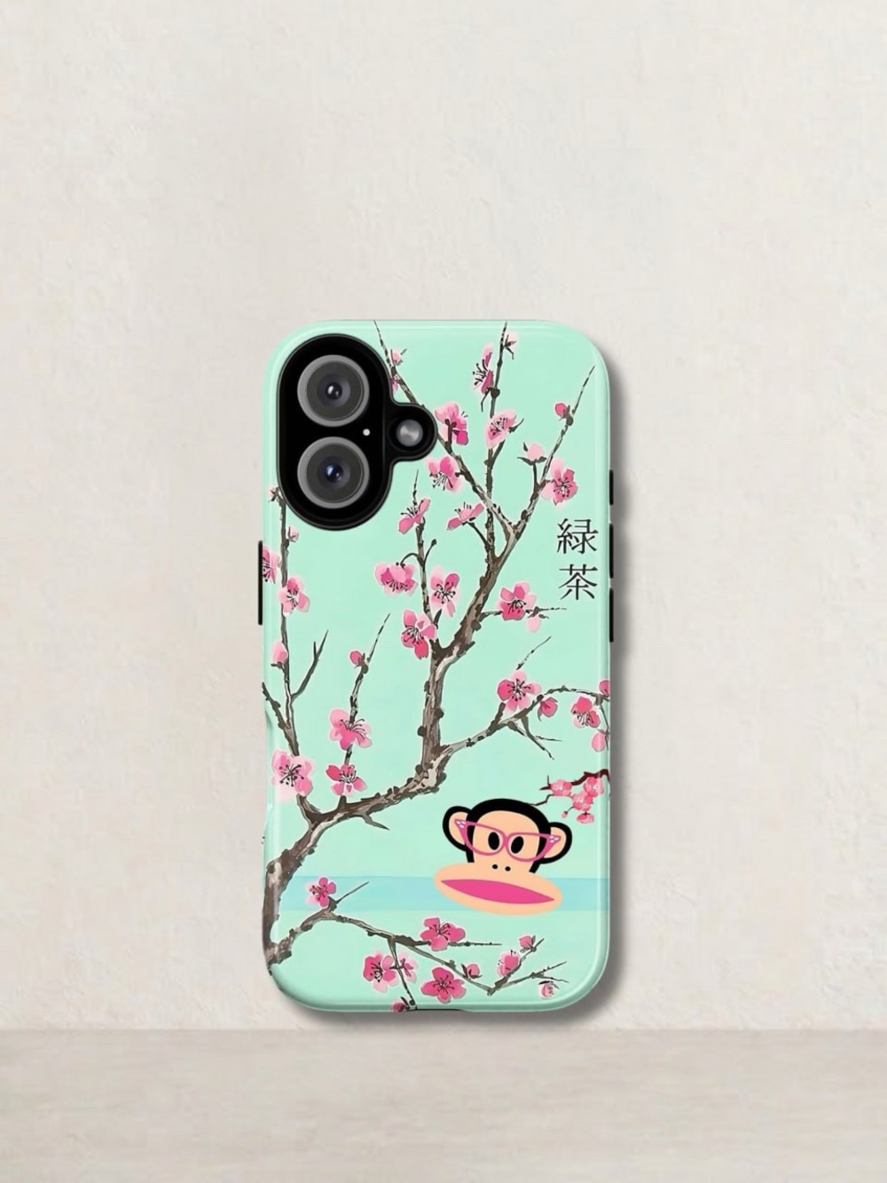 Mint Green Cherry Blossom Pattern Phone Case with Pink Accent
